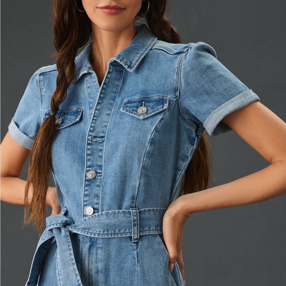 PAIGE Blue Denim Short Sleeve Overalls